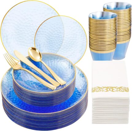 Rubtlamp 175-piece blue plastic dinnerware set with gold rim, including plates, cups, cutlery, and napkins for a party.