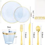 Rubtlamp 175-piece blue plastic dinnerware set with gold rim, including plates, cups, cutlery, and napkins for a party.