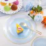 Rubtlamp 175-piece blue plastic dinnerware set with gold rim, including plates, cups, cutlery, and napkins for a party.
